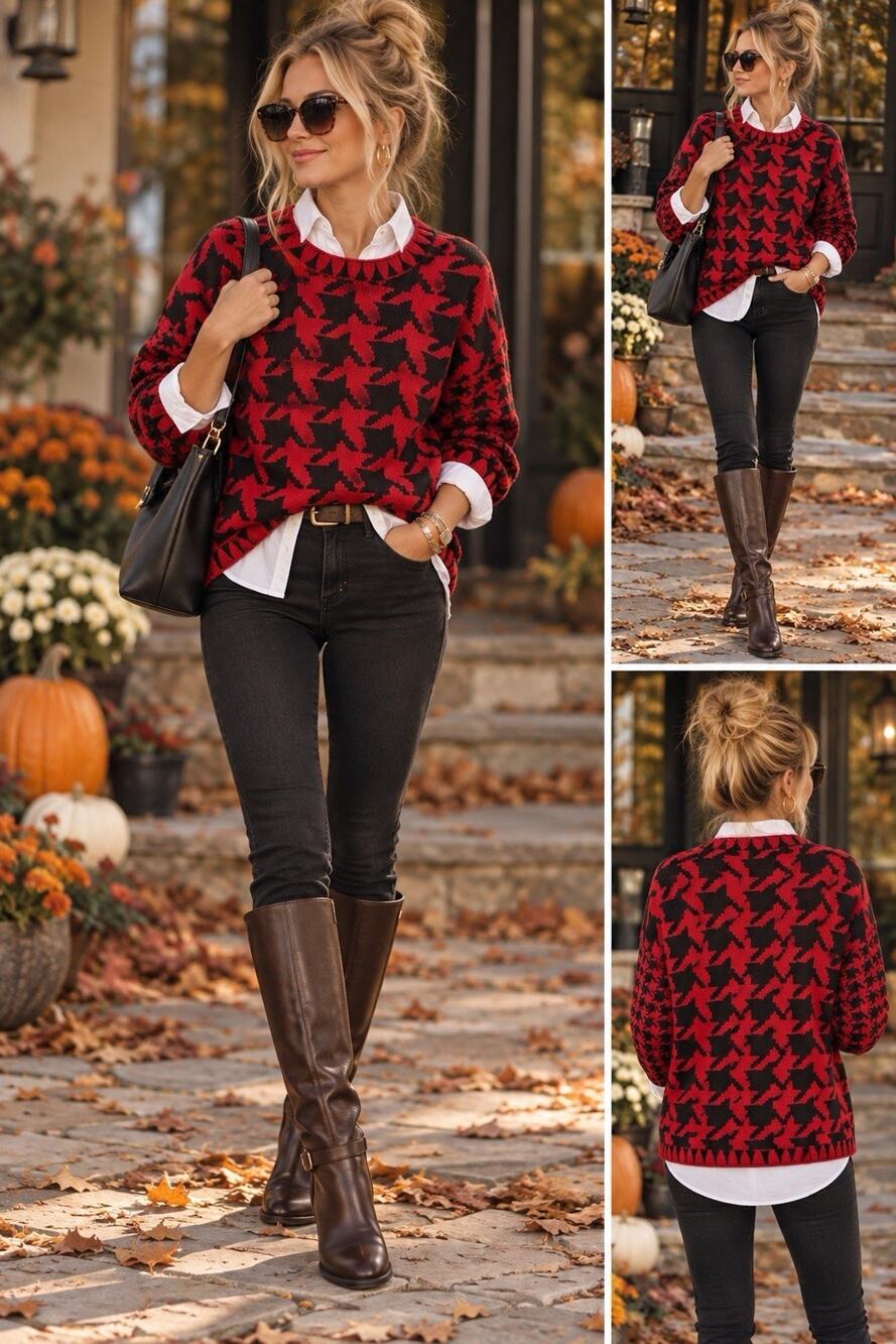 Adrienne Vittadini Sport Women’s Cotton Knit Pullover Crew Houndstooth Sz M